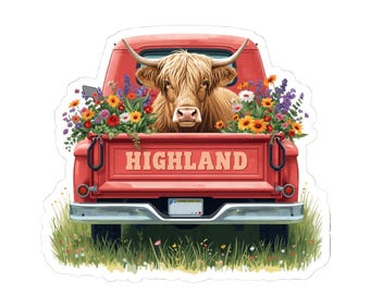 Red Farm Truck Highland Cow Sticker | Kiss-Cut Vinyl Decal