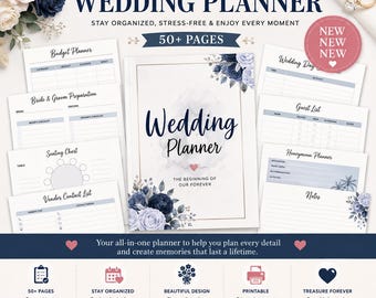 Wedding Planner Printable | 50+ Page Wedding Binder | Budget Tracker, Guest List, Seating Chart, To-Do Lists | Instant Download PDF