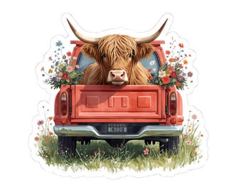 Pegatinas troqueladas de camión rojo vintage con vaca de las Tierras Altas