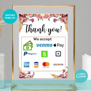 Floral Payment Sign Canva Template | Editable Payment Methods Business Sign 8.5" x 11" Digital Download for Small Shops