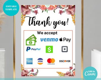 Letrero de pago floral: Plantilla editable de métodos de pago (Canva)