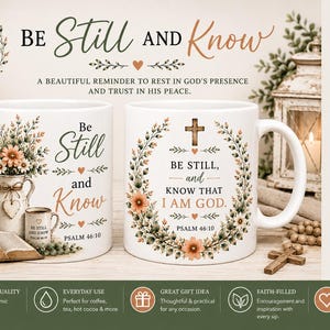May include: Two white ceramic mugs featuring floral designs and religious text. One mug displays a pitcher with flowers and the text Be Still and Know. The other mug features a floral wreath, a cross, and the text Be Still, and Know That I Am God.