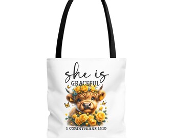 Bolso de mano Highland Cow “She Is”, regalo cristiano de aliento para mujeres, bolso Faith Farm, bolso con versículo bíblico inspirador, 1 Corintios 15:10