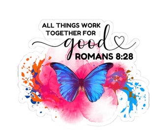 Pegatina de mariposa con Romanos 8:28, recordatorio de fe cristiana, calcomanía con versículo bíblico, regalo religioso inspirador, decoración con escrituras, pegatina de esperanza.