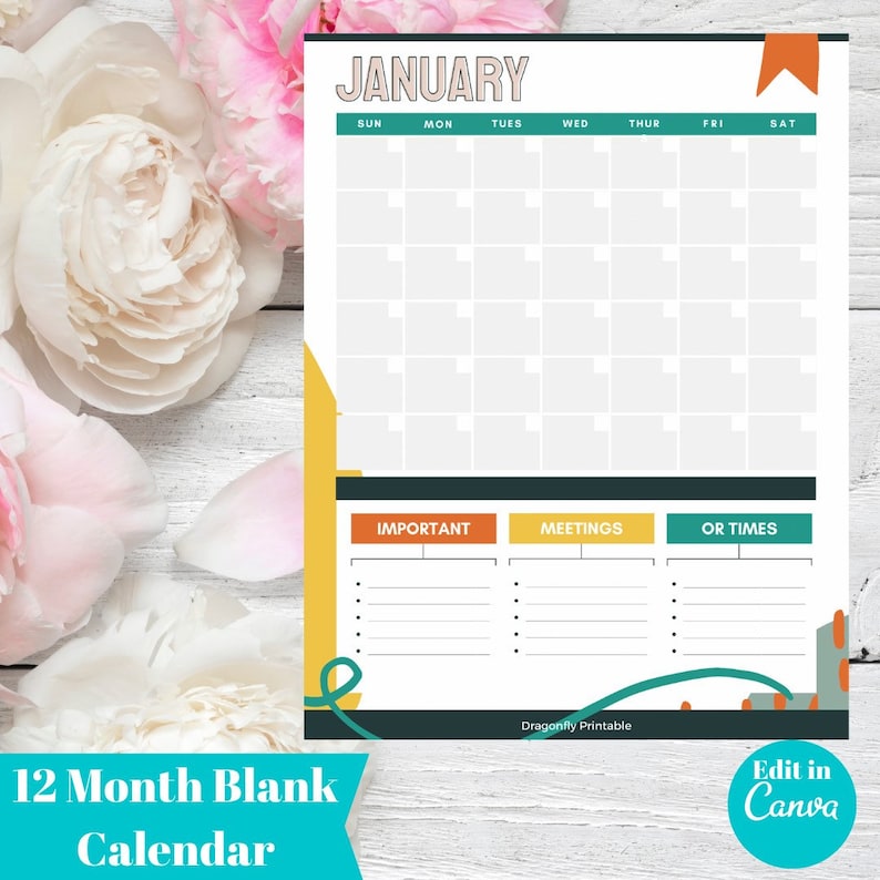 Blank Yearly Calendar Printable Monthly Calendar 12 Month Etsy