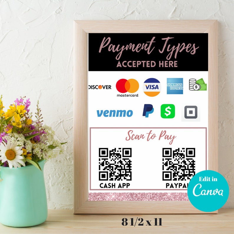 May include: A framed sign with the text "Payment Types Accepted Here" and a list of payment methods including Discover, Mastercard, Visa, American Express, Cash App, PayPal, Venmo, and Apple Pay. The sign also includes a QR code for each payment method.