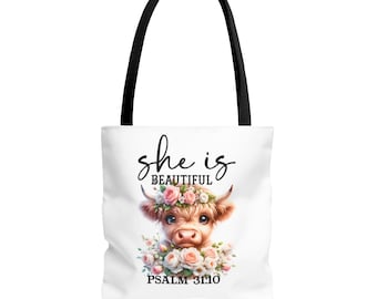 Highland Cow “She Is” Tote Bag, Christian Encouragement Gift for Women, Faith Farm Tote, Inspirational Scripture Style Bag,  Psalm 31:10