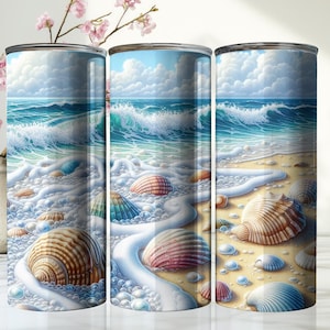 Seashell Ocean Waves Tumbler 20oz Skinny | Beach Coastal Coffee Cup | Seashell Stainless Steel Travel Mug | Summer Gift for Women