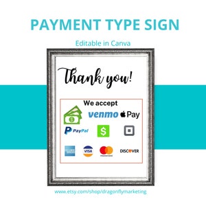 Segno dei tipi di pagamento, Segno di pagamento in bianco e nero, Modello Canva modificabile, Metodi di pagamento accettati, Visualizzazione del metodo di pagamento