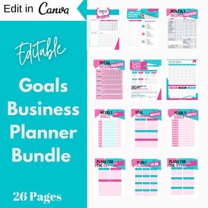 May include: A printable business planner bundle with 26 pages. The pages are pink and blue with a variety of planner layouts, including weekly goals, monthly income tracker, social media tracker, and plans for the day and week.