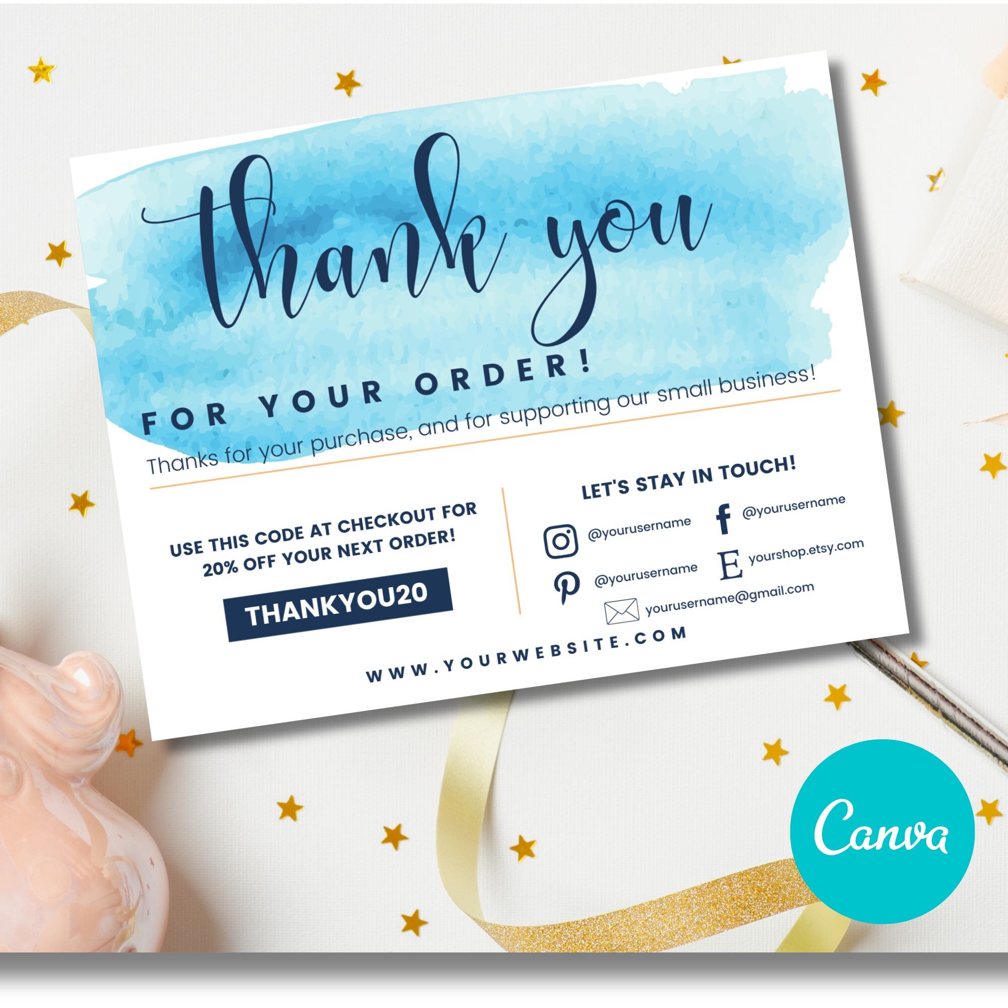 Thank You Card Template | Editable Canva Business Insert | Printable ...