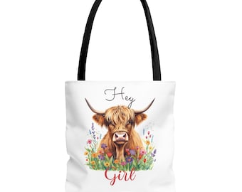 Bolso tote con estampado de vaca de las Tierras Altas de Hey Girl / Bolso de granja con estampado integral, lindo accesorio de vaca, bolso ecológico para la compra y el mercado, bolso casual y original.