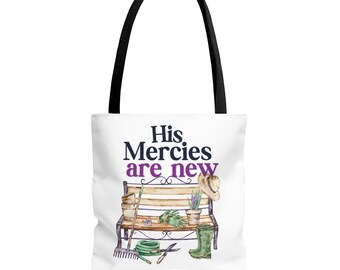 Bolso de mano His Mercies Are New Garden / Estampado integral de diseño de jardín, poliéster duradero, espacioso, estilo mercado, campo, bolso informal.