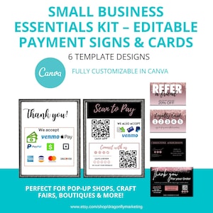 Small Business Essentials-kit – bewerkbare betalingsborden, bedankkaarten en klantenkaarten – Canva-sjablonen – direct downloaden, roségouden bundel