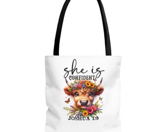 Bolso de mano Highland Cow “She Is”, regalo cristiano de aliento para mujeres, bolso Faith Farm, bolso con estilo de escritura inspiradora, Josué 1:9