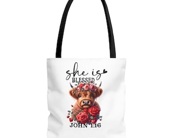 Bolso de mano Highland Cow “She Is”, regalo cristiano de aliento para mujeres, bolso Faith Farm, bolso con estilo de versículo bíblico inspirador, Juan 1:16