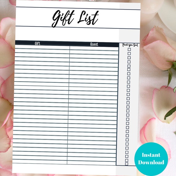 Basic Printable Gift List Bridal Shower Gift List Printable Etsy