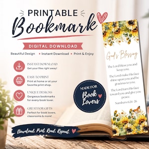 Sunflower Bible Bookmark | Christian Scripture Printable 6x2 Inch | Numbers 6:24–26 Faith Devotional Gift | Instant Download