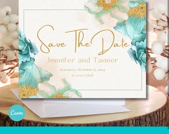 Teal & Gold Floral Save the Date | 5x7 Editable Canva Template | Printable Wedding Announcement | Instant Download