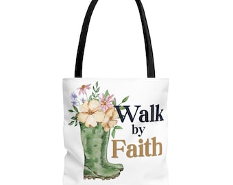 Bolso tote Walk by Faith Garden / Estampado integral con motivos de jardín, poliéster resistente, reutilizable, ideal para ir de compras o para uso casual en mercados y recados.