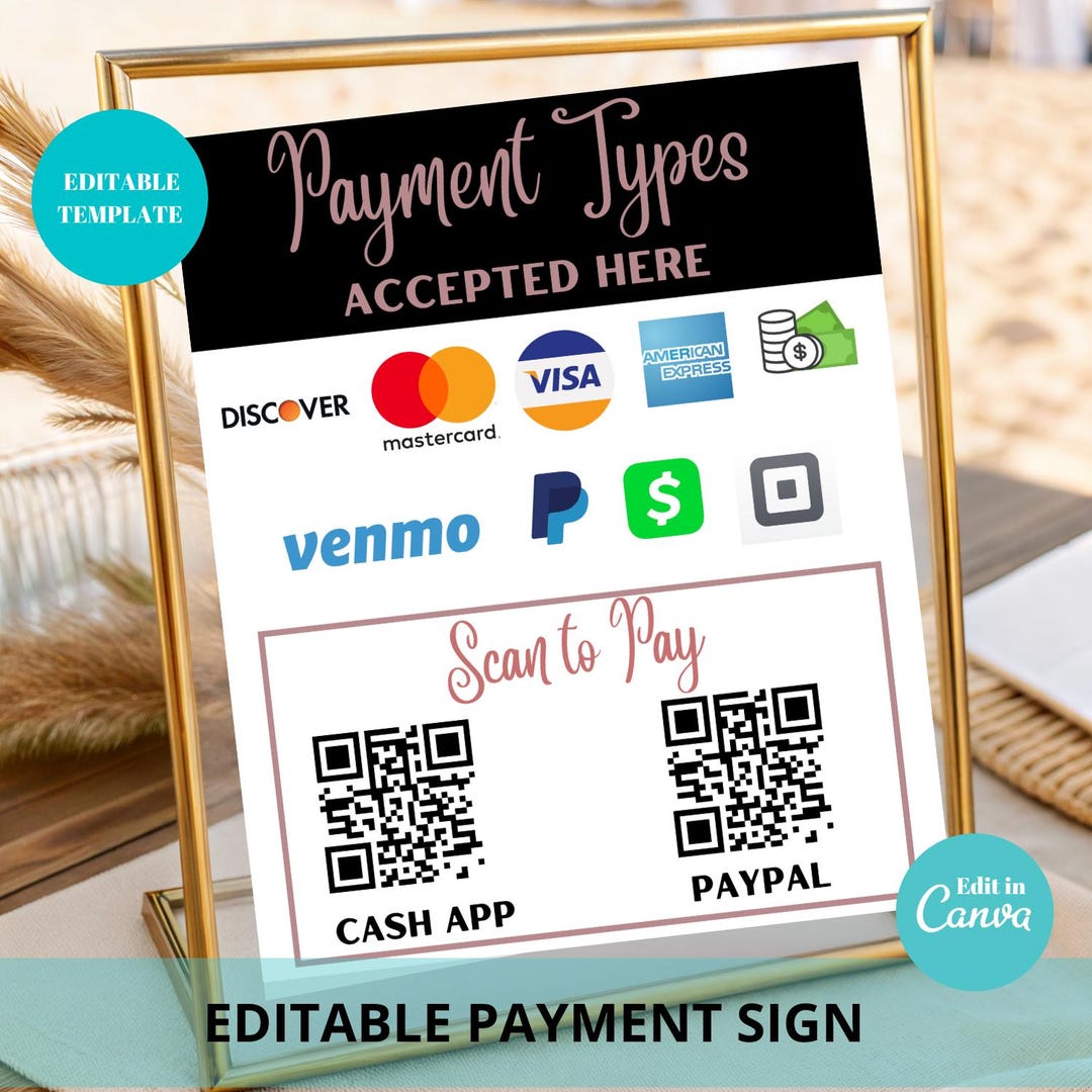 Rose Gold Payment Method Sign: Editable Business Template (canva) - Etsy