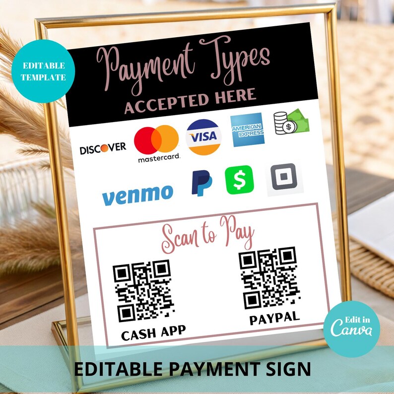 Rose Gold Payment Method Sign: Editable Business Template (Canva) image 1