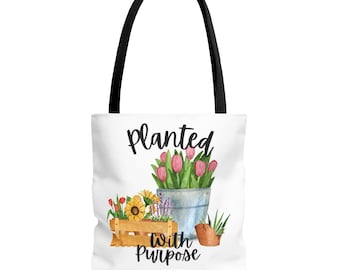 Bolso de mano con estampado integral "Planted with Purpose" para jardín, regalo original para amantes de las plantas, bolsa de compras reutilizable para mercados agrícolas y uso casual.