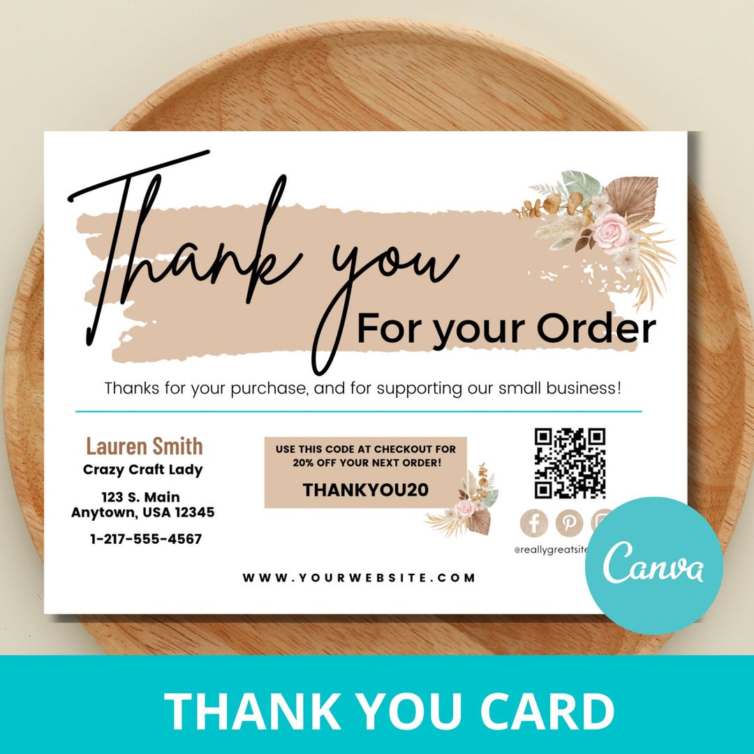 Boho Thank You Card Template | Editable Canva Business Insert | Neutral ...