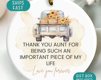 Adorno navideño para tía, regalo de agradecimiento para tía, adorno de cerámica vintage con diseño de camión y girasoles, recuerdo "Te amo por siempre" de tu sobrino o sobrina.