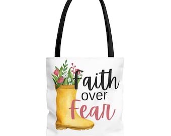 Bolso tote con estampado integral "Fe sobre el miedo" / Bolso de jardín original y divertido para ir al mercado, hacer recados y para el uso diario.