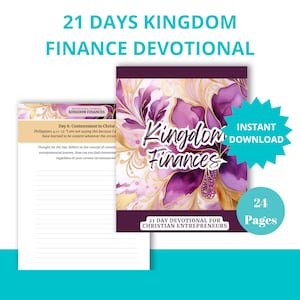 Può includere: Un design ad acquerello viola e oro con il testo "Kingdom Finances" e "21 Day Devotional for Christian Entrepreneurs". Il testo "Download immediato" è in una forma a stella blu. Il testo "24 pagine" è in un riquadro bianco con un bordo blu.
