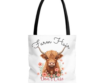 Bolso de mano con estampado de vaca de las Tierras Altas y cabello de granja / Estampado integral, bolso con diseño de animales adorables, bolso ecológico para la compra y el mercado, bolso de hombro de lona resistente