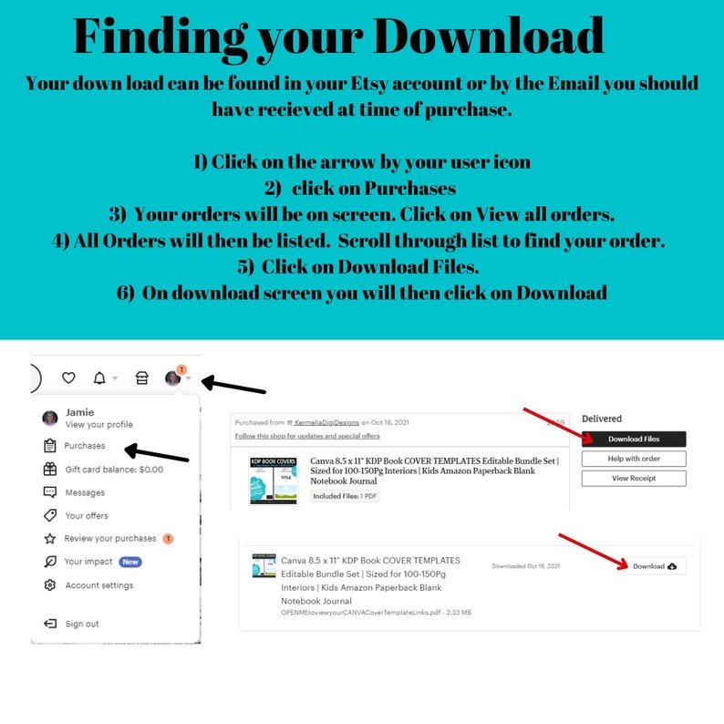 May include: A screenshot of an Etsy account showing how to download purchased digital files. The image shows a user's account menu with options like 'Purchases', 'Messages', and 'Your Offers'. The right side of the image shows a download screen with a button labeled 'Download Files'.