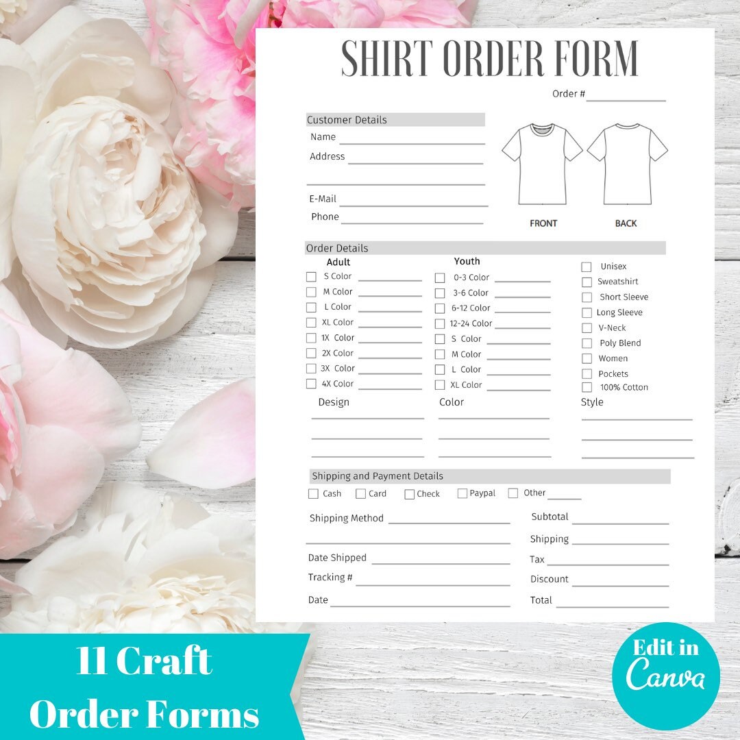 Craft Business Forms Craft Order Form Tshirt Order Form Etsy