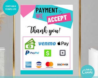 Colorful Payment Type Sign Template: Includes QR Codes (Canva Editable)