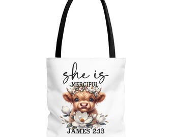 Bolso de mano Highland Cow “She Is”, regalo cristiano de aliento para mujeres, bolso Faith Farm, bolso con estilo de versículo bíblico inspirador, Santiago 2:13