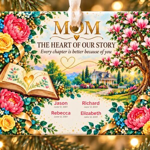 May include: A rectangular ceramic ornament featuring a floral border of pink and yellow roses, an open book with a glowing heart, a house, and a tree. Text reads: MOM THE HEART OF OUR STORY Every chapter is better because of you, with names Jason, Richard, Rebecca, and Elizabeth and dates June 12, 2001.