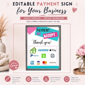 Puede incluir: Una plantilla de letrero de pago editable con el texto PAYMENT WE ACCEPT y Thank you, junto con iconos de Venmo, Apple Pay, PayPal, Cash App, Square, American Express, Visa, Mastercard y Discover, en un marco oscuro.