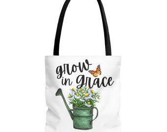 Bolso de mano Grow in Grace Garden, estampado integral, bolso de lona ecológico para mercados de agricultores, compras y uso casual, regalo para jardineros.