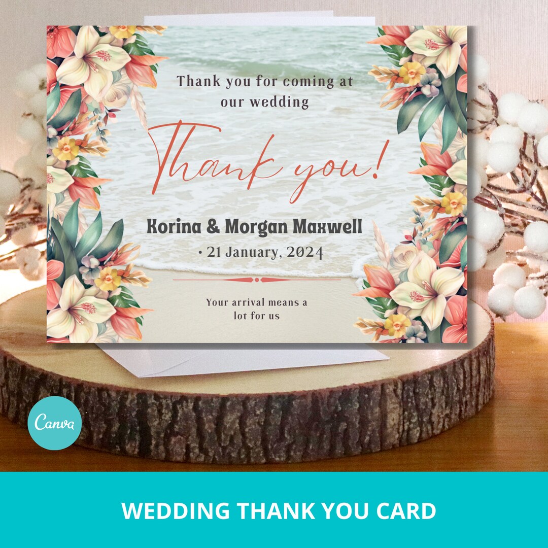 Tropical Wedding Thank You Card Template | 5.5x4.25 Editable Canva Card ...