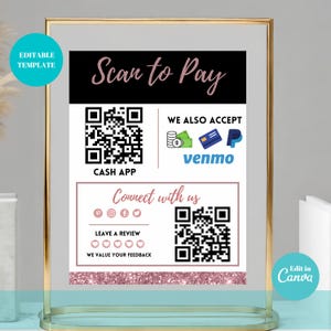 Rose Gold QR Code Payment Sign Canva Template |Digital Download for Small Business |Customizable Payment Sign with PDF Guides & Social Icons