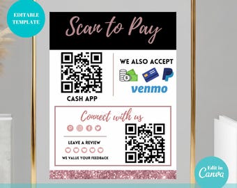 Letrero de pago con código QR en oro rosa: Plantilla de Canva para pequeñas empresas (descarga digital)
