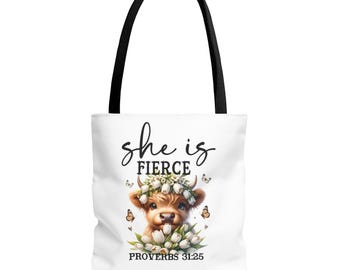 Bolso de mano Highland Cow “She Is”, regalo cristiano de aliento para mujeres, bolso Faith Farm, bolso con estilo de versículo bíblico inspirador, Proverbios 31:25