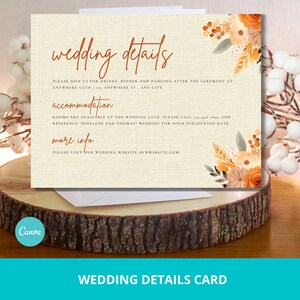 Tarjeta de detalles de boda de otoño, tarjeta de detalles de boda editable, plantilla de boda Canva, papelería de boda de otoño, tarjeta de detalles de boda rústica