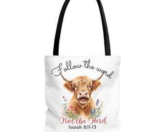 Sigue la palabra, no el rebaño. Bolso de mano con estampado de vaca de las Tierras Altas / Bolso de mercado y de compras con estampado integral para mujer, arte de animales de granja, bolso de mano con diseño de animales adorables.
