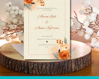 Rustic Orange Floral Wedding Invitation | 5x7 Canva Template | Fall Wedding Invite | Printable Editable Invitation