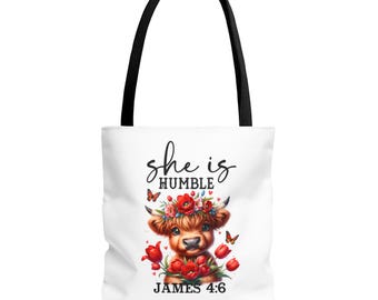 Ella es humilde. Bolso de mano con estampado de vaca de las Tierras Altas y flores / Regalo con versículos cristianos para mujeres. Bolso de mano con un diseño de animalito adorable y fiel. Regalo de Pascua y primavera.