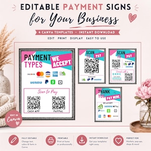 Puede incluir: Cuatro letreros de pago editables para negocios con detalles en rosa y azul. Los letreros muestran texto que incluye PAYMENT TYPES WE ACCEPT, SCAN TO PAY y THANK YOU PAY HERE, junto con varios logotipos de pago y espacios para códigos QR.