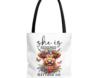 Bolso de mano «Ella es redimida», regalo cristiano para mujeres, bolso con versículo bíblico de la vaca de las Tierras Altas, Mateo 1:21.