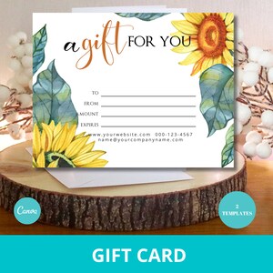 Vale regalo girasol, plantilla Canva, tarjeta regalo editable, vale personalizable, vale regalo imprimible, promoción vacaciones de negocios